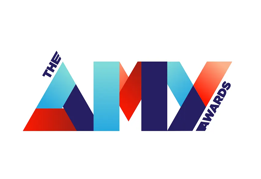 The AMV Awards logo with blue, red, light blue geometric letters on white.