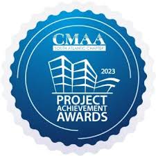 Blue CMAA South Atlantic Chapter badge, 2023 awards, building outline.