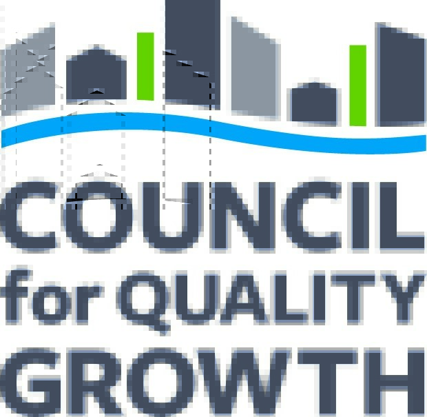 Gray and green buildings logo, blue curve, Council for Quality Growth.