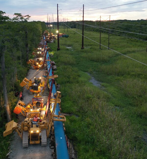Construction vehicles install pipeline in grassy area at dusk.