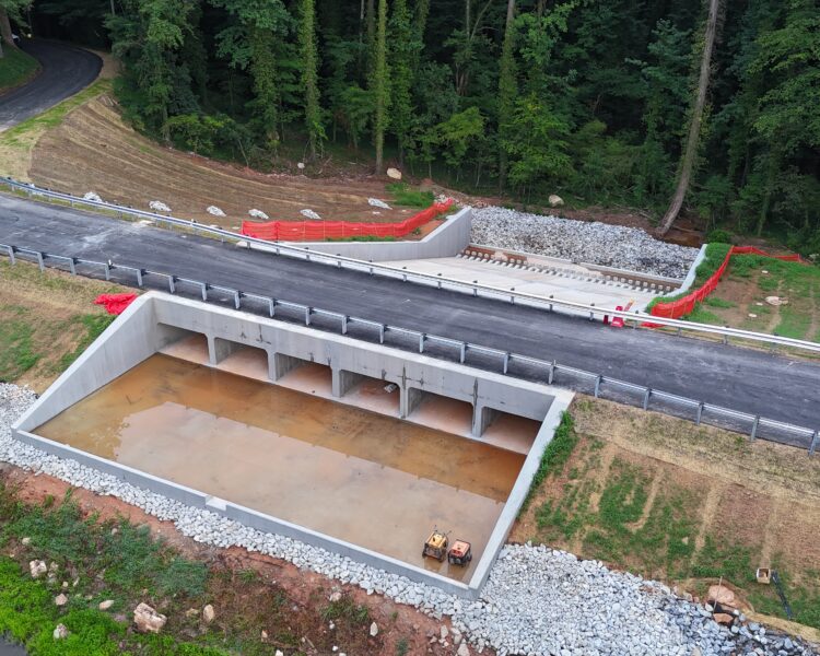 Vista aérea: nueva carretera sobre una alcantarilla de cuatro aberturas, con árboles.