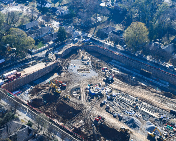 Aerial view of a big construction site with machines.