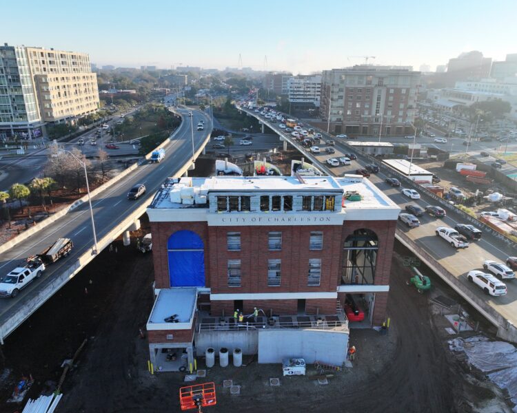 Aerial view of City of Charleston brick building under construction.