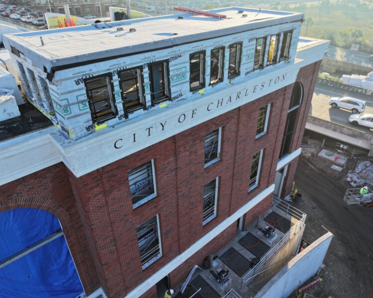 Brick building under construction, 