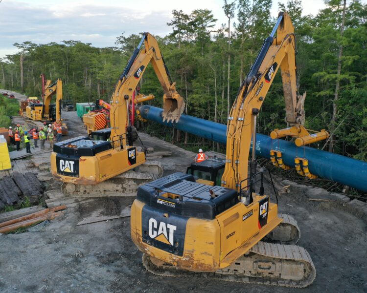 Dos excavadoras CAT junto a una tubería azul en el bosque.