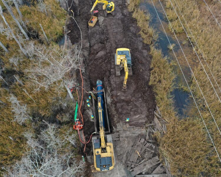Las excavadoras y los trabajadores excavan en un terreno embarrado cerca de humedales y líneas eléctricas.