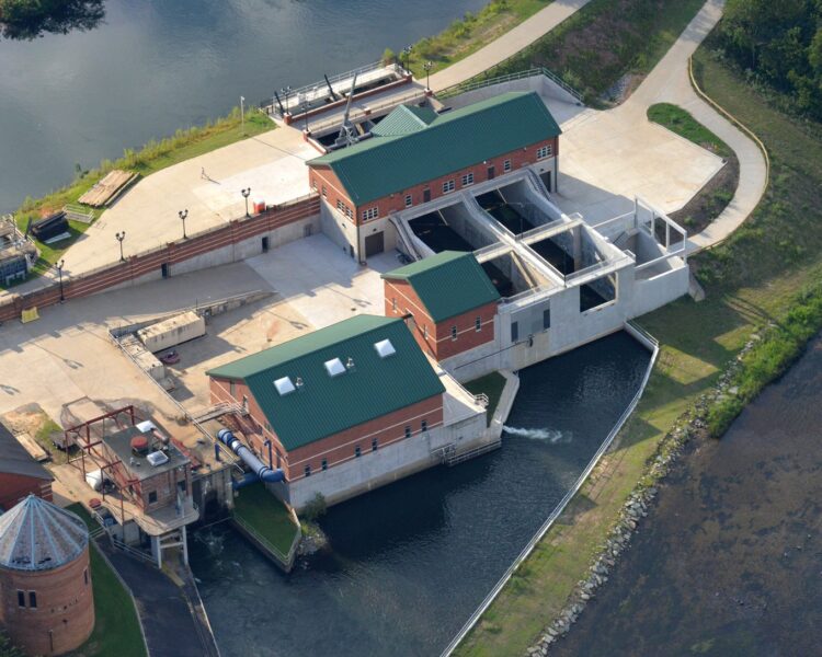 Aerial view of a green-roofed water treatment plant.