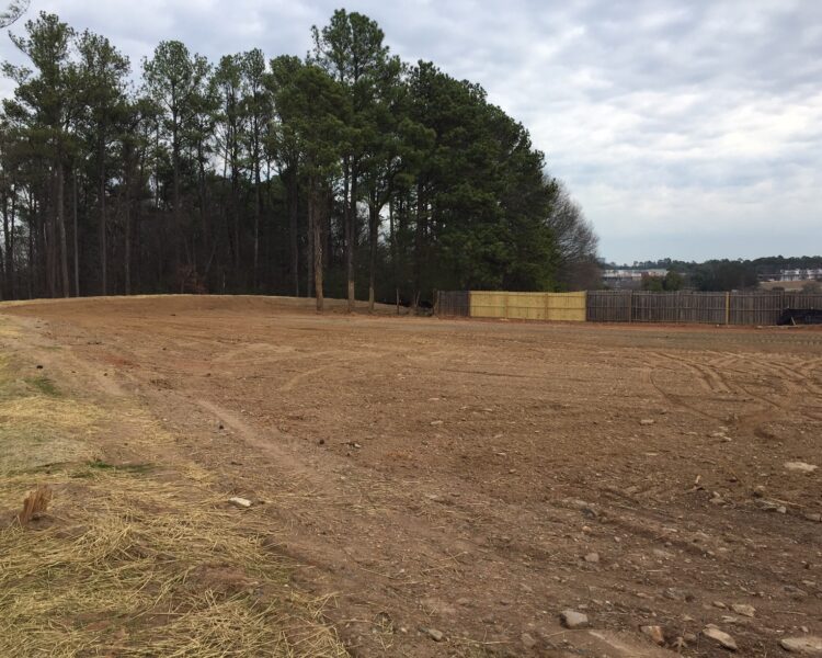 Cleared dirt lot, trees, fence, cloudy sky, visible tire tracks.
