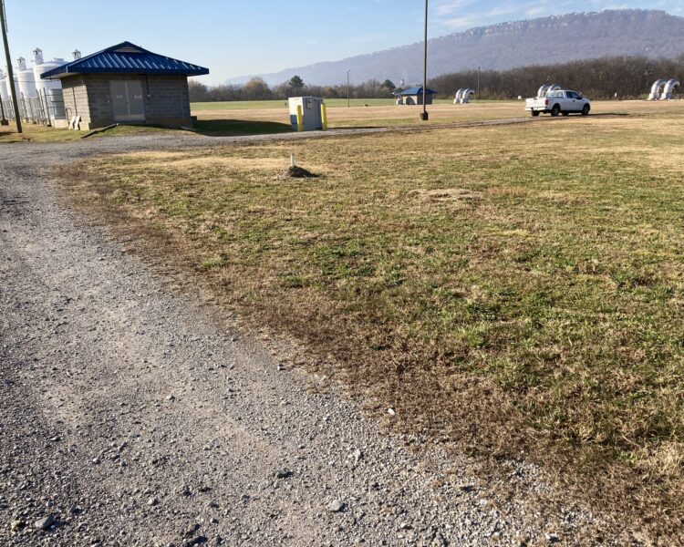 Camino de grava junto a un prado, un edificio de servicios, un coche y las montañas.