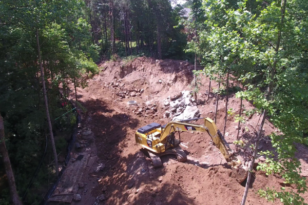 Excavadora amarilla excavando junto a unos árboles y montones de tierra.
